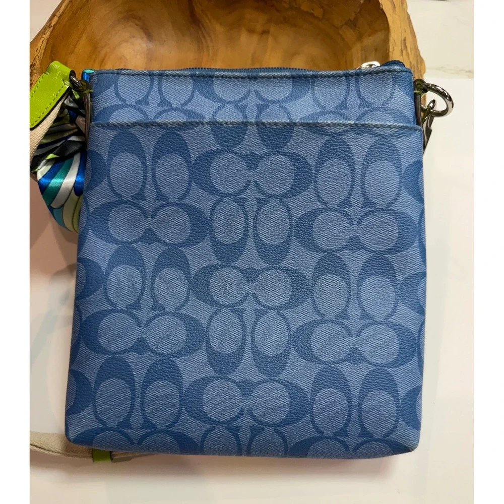 Coach Signature Blue Monogram Crossbody Bag Lime Green Stripe